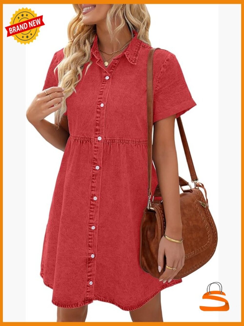 Short Sleeve Button Down Flowy Tiered Babydoll Denim Dress